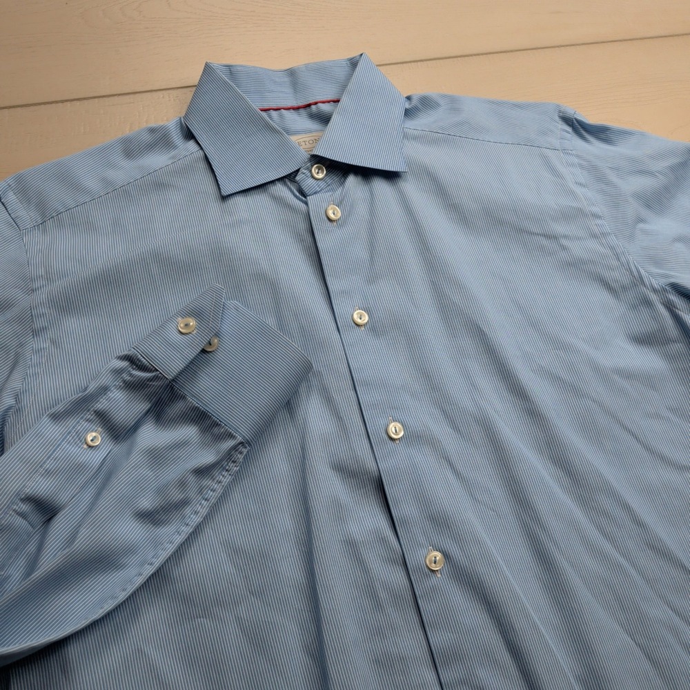 Eton Contemporary Fit Dress Shirt Mens 16.5 42 Blue White Micro Stripe Button
